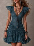 Claudia - Vestido Mini Retro Azul de Encaje y Gasa con Volantes Decorativos