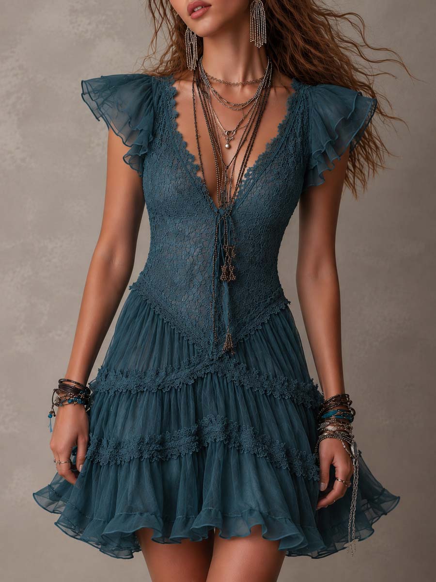 Claudia - Vestido Mini Retro Azul de Encaje y Gasa con Volantes Decorativos