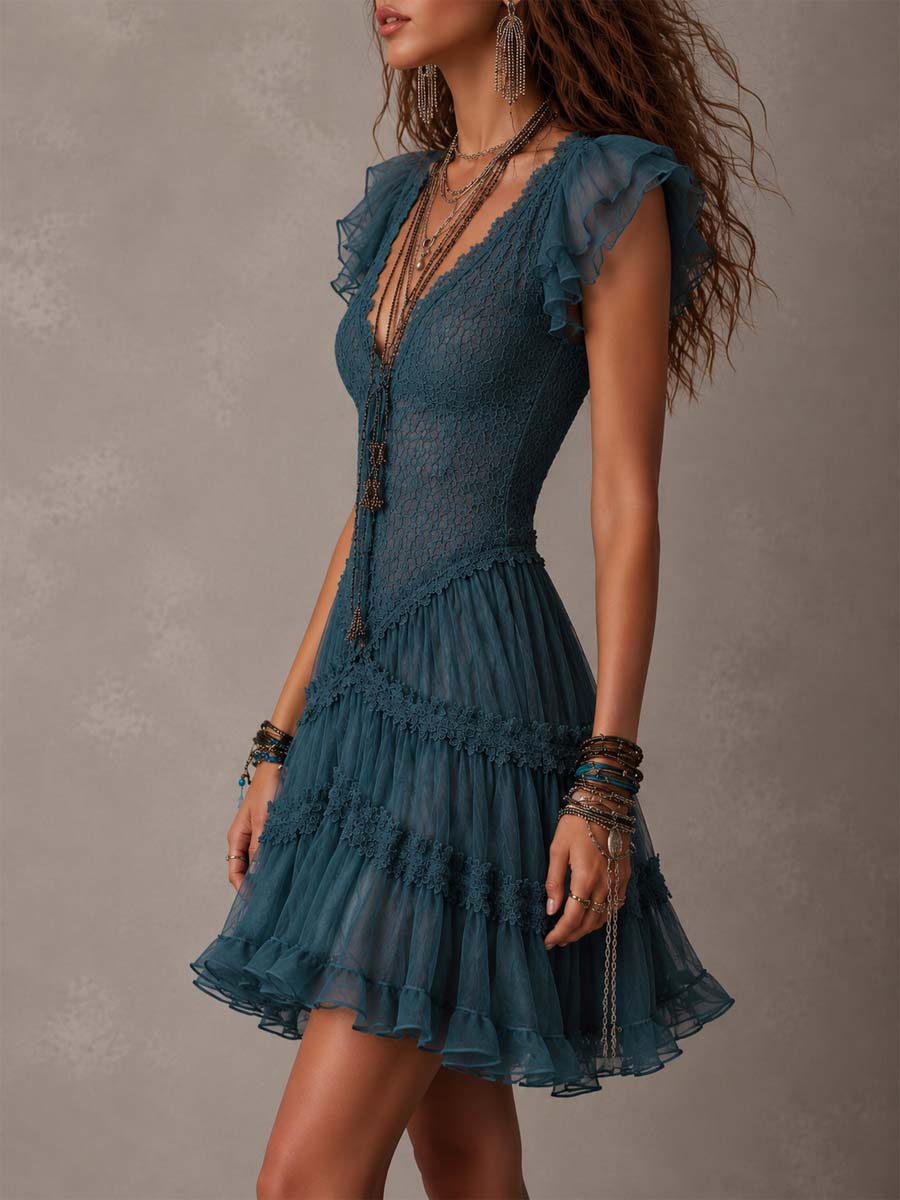 Claudia - Vestido Mini Retro Azul de Encaje y Gasa con Volantes Decorativos
