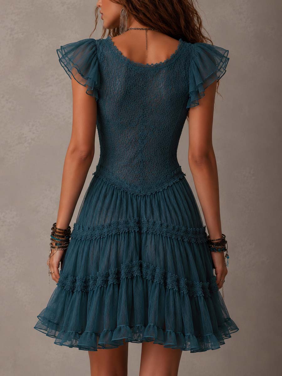 Claudia - Vestido Mini Retro Azul de Encaje y Gasa con Volantes Decorativos