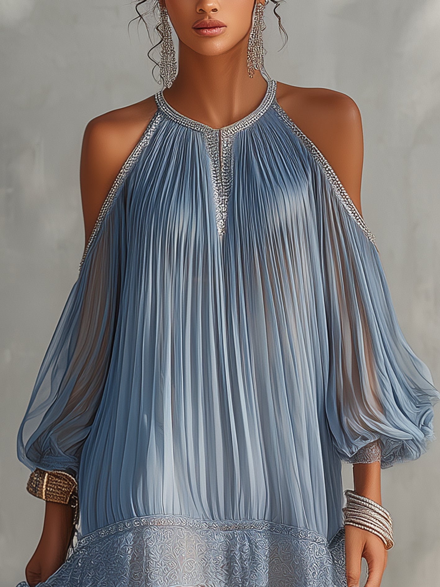 Lucía - Vestido Mini Azul con Hombros Descubiertos, Fruncido y Bajo de Encaje Decorativo