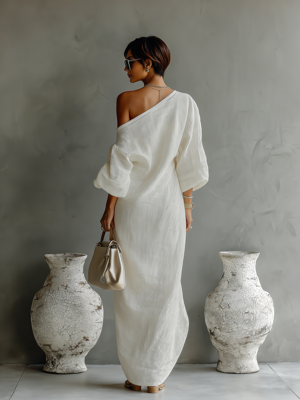 Elena | Vestido Elegante y Fluido en Blanco Marfil con Escote de Hombros Descubiertos