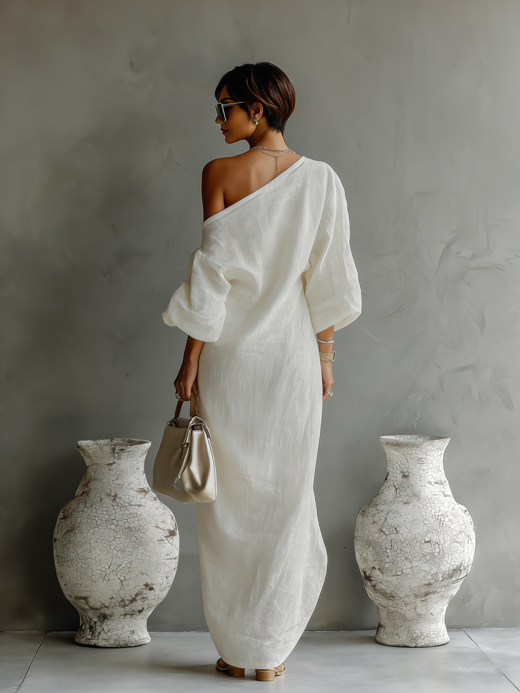 Elena | Vestido Elegante y Fluido en Blanco Marfil con Escote de Hombros Descubiertos