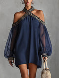 Valeria - Vestido Mini de Gasa Azul Marino con Hombros Descubiertos