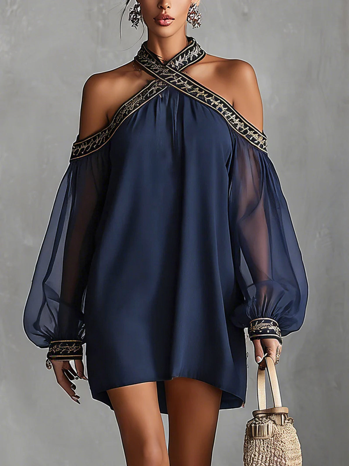 Valeria - Vestido Mini de Gasa Azul Marino con Hombros Descubiertos