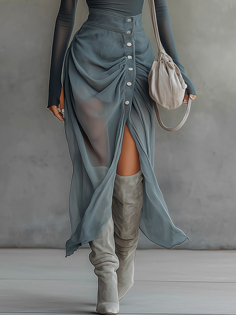 Carla - Vestido Maxi Azul de Punto Elástico y Gasa con Hombros Descubiertos y Bajo con Abertura