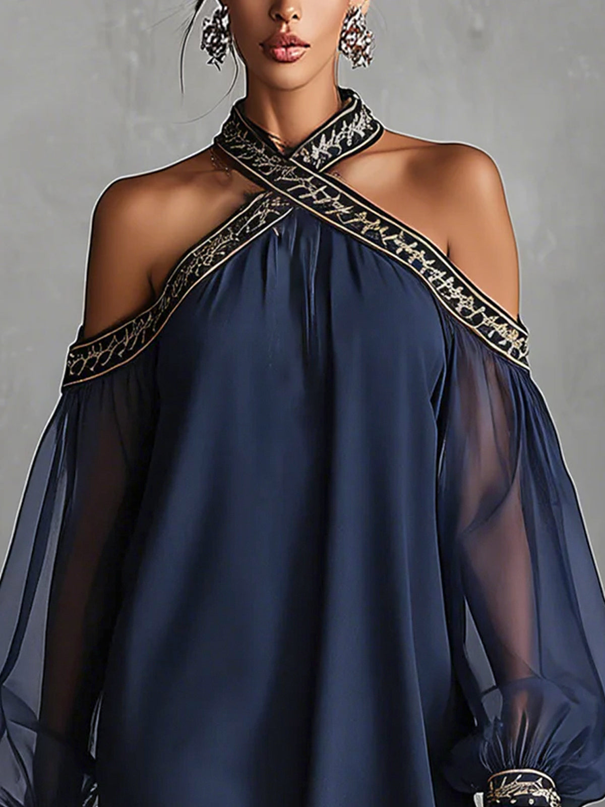 Valeria - Vestido Mini de Gasa Azul Marino con Hombros Descubiertos