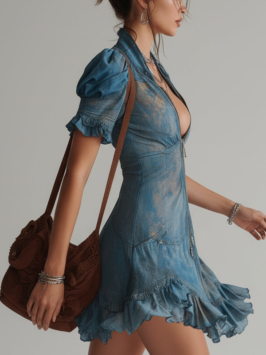 Aitana - Vestido Mini Azul de Gasa con Estampado Floral y Cierre de Cremallera