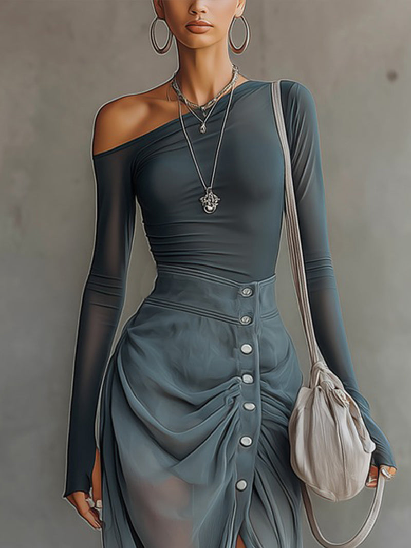 Carla - Vestido Maxi Azul de Punto Elástico y Gasa con Hombros Descubiertos y Bajo con Abertura