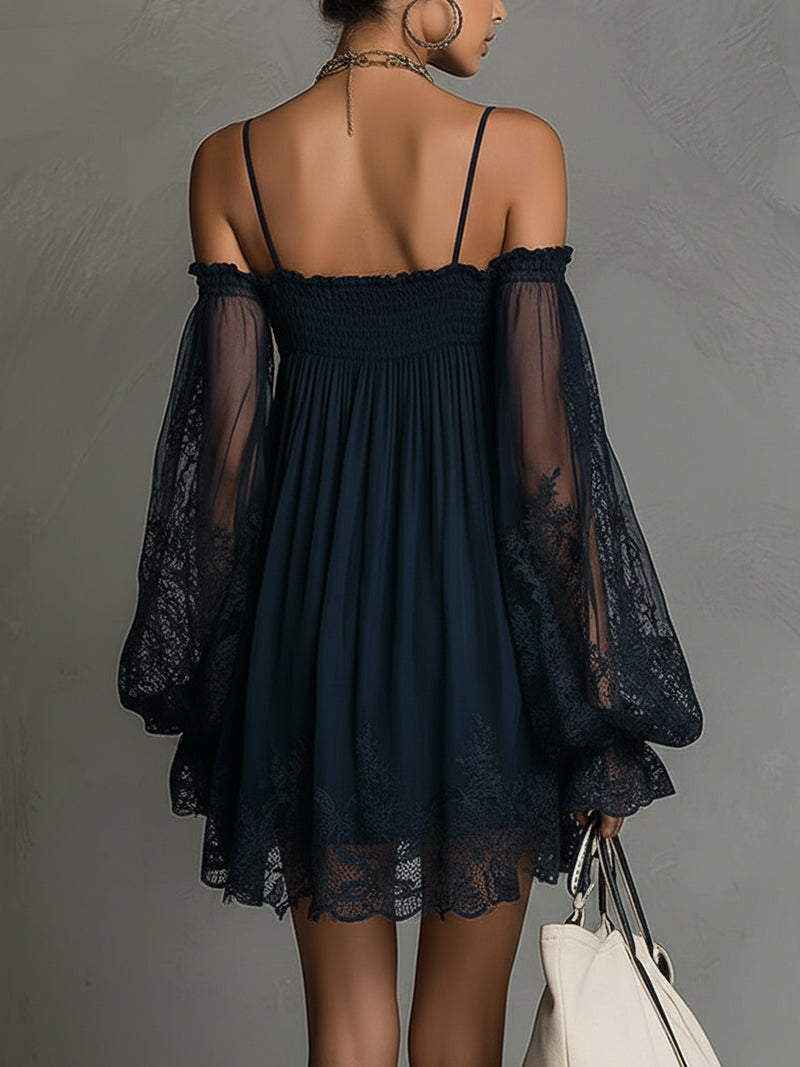 Sofía - Vestido Mini Azul Marino de Gasa con Hombros Descubiertos