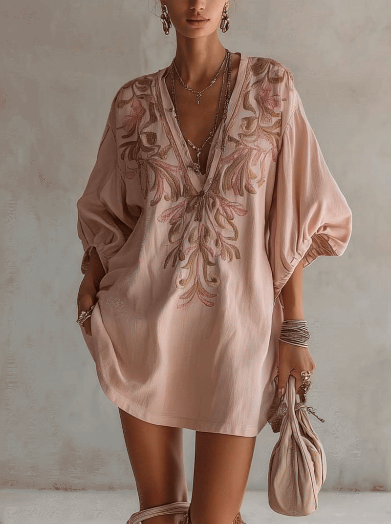 Lucía - Vestido Mini Rosa de Algodón y Lino con Bordados Florales de Estilo Vintage