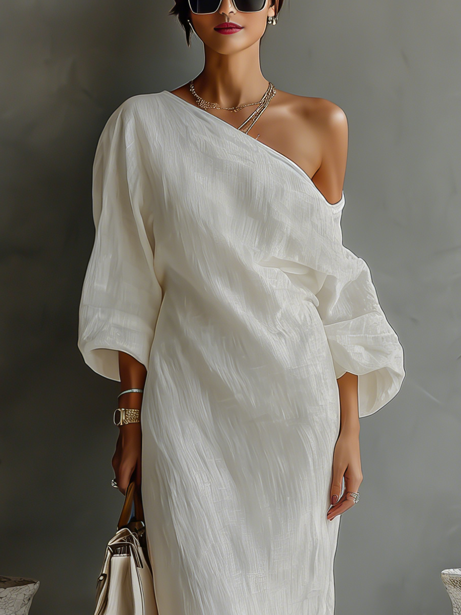 Elena | Vestido Elegante y Fluido en Blanco Marfil con Escote de Hombros Descubiertos