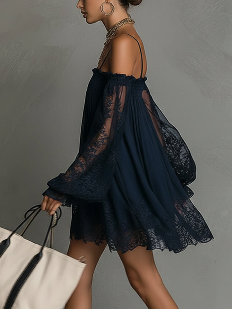 Sofía - Vestido Mini Azul Marino de Gasa con Hombros Descubiertos