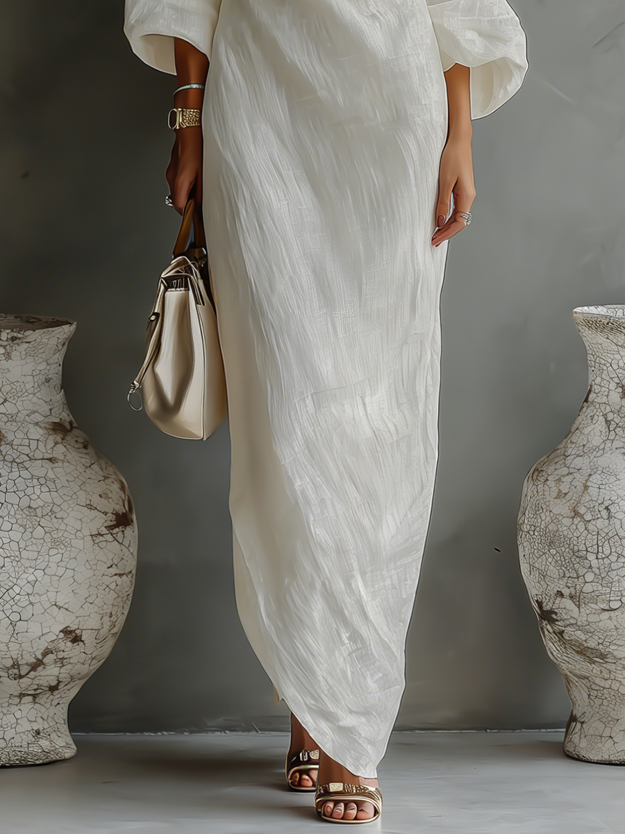 Elena | Vestido Elegante y Fluido en Blanco Marfil con Escote de Hombros Descubiertos