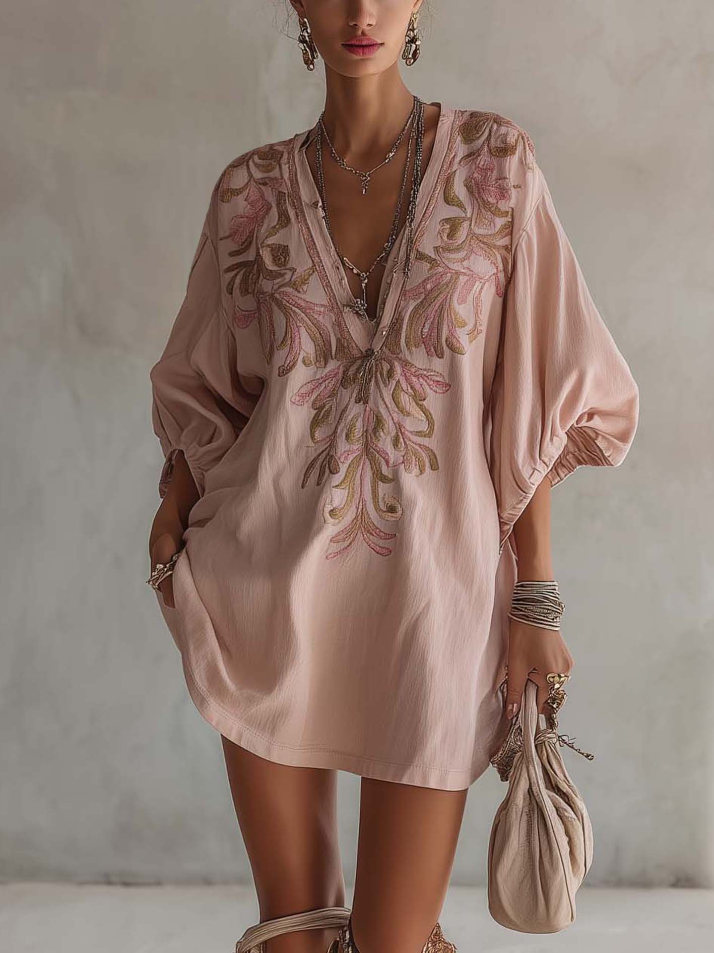 Lucía - Vestido Mini Rosa de Algodón y Lino con Bordados Florales de Estilo Vintage