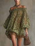 Daniela - Vestido Mini Verde Oliva de Lunares con Hombros Descubiertos