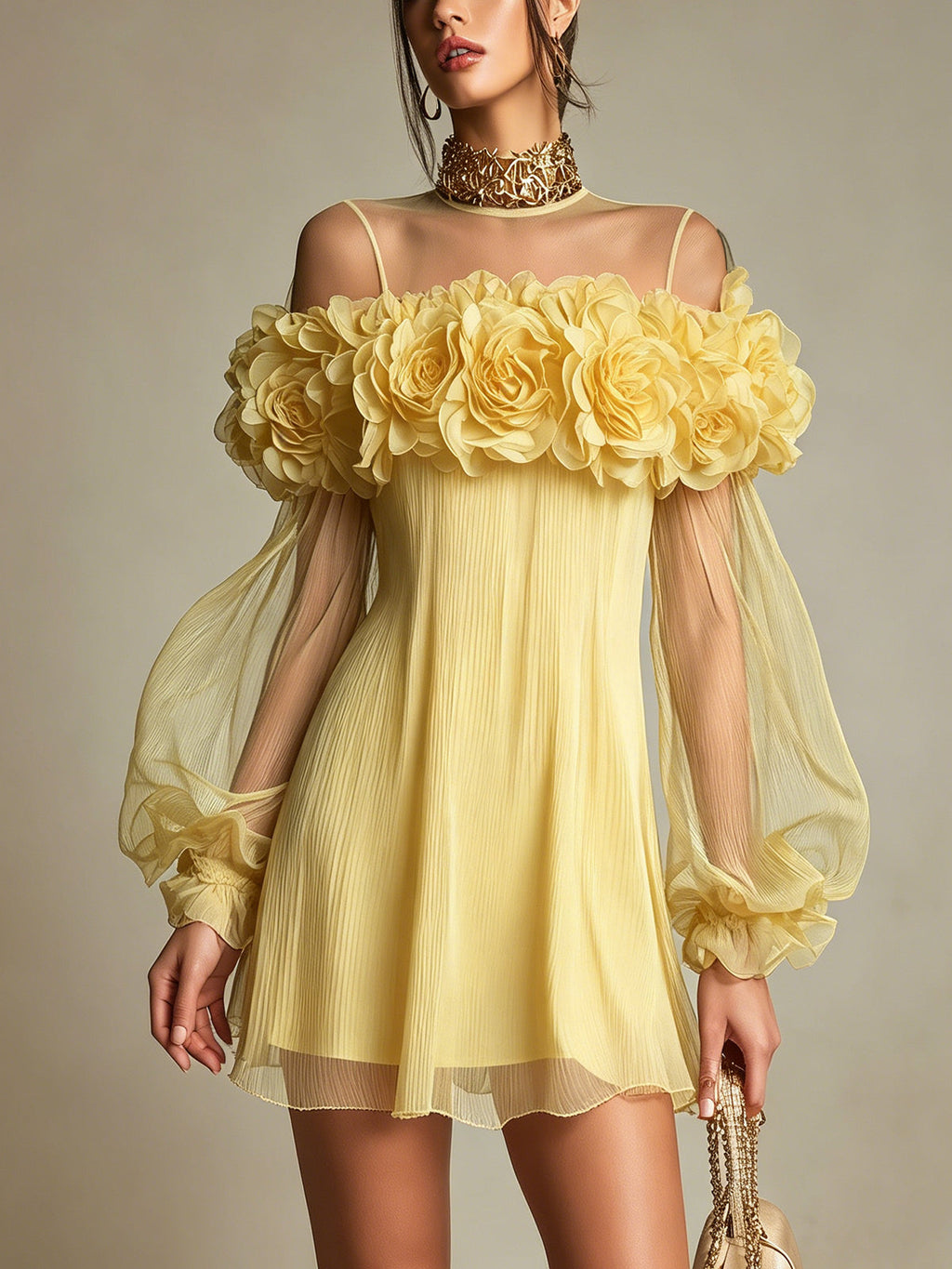 Lucía - Vestido Mini de Gasa Plisada Amarillo con Flores 3D Decorativas