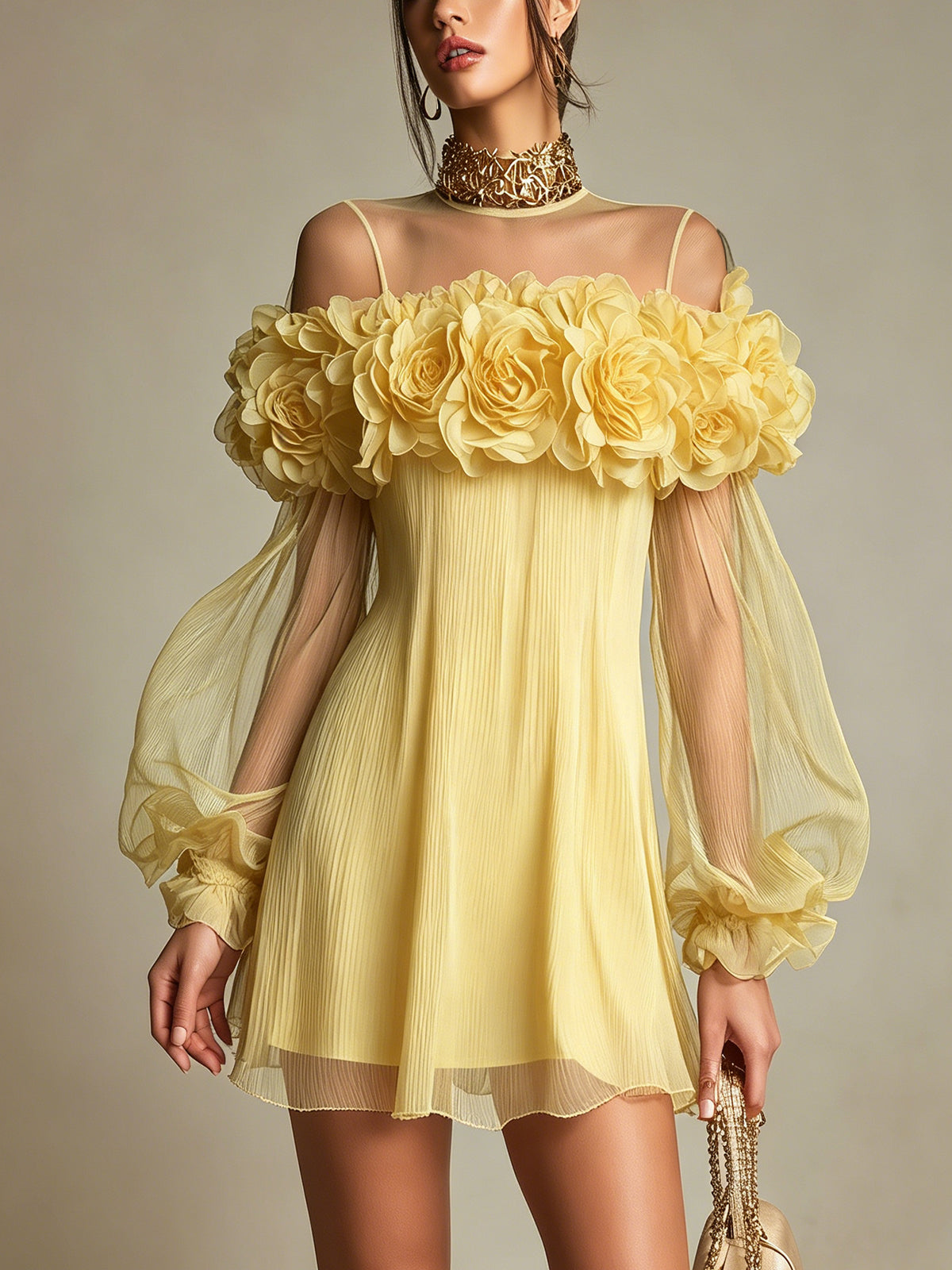 Lucía - Vestido Mini de Gasa Plisada Amarillo con Flores 3D Decorativas