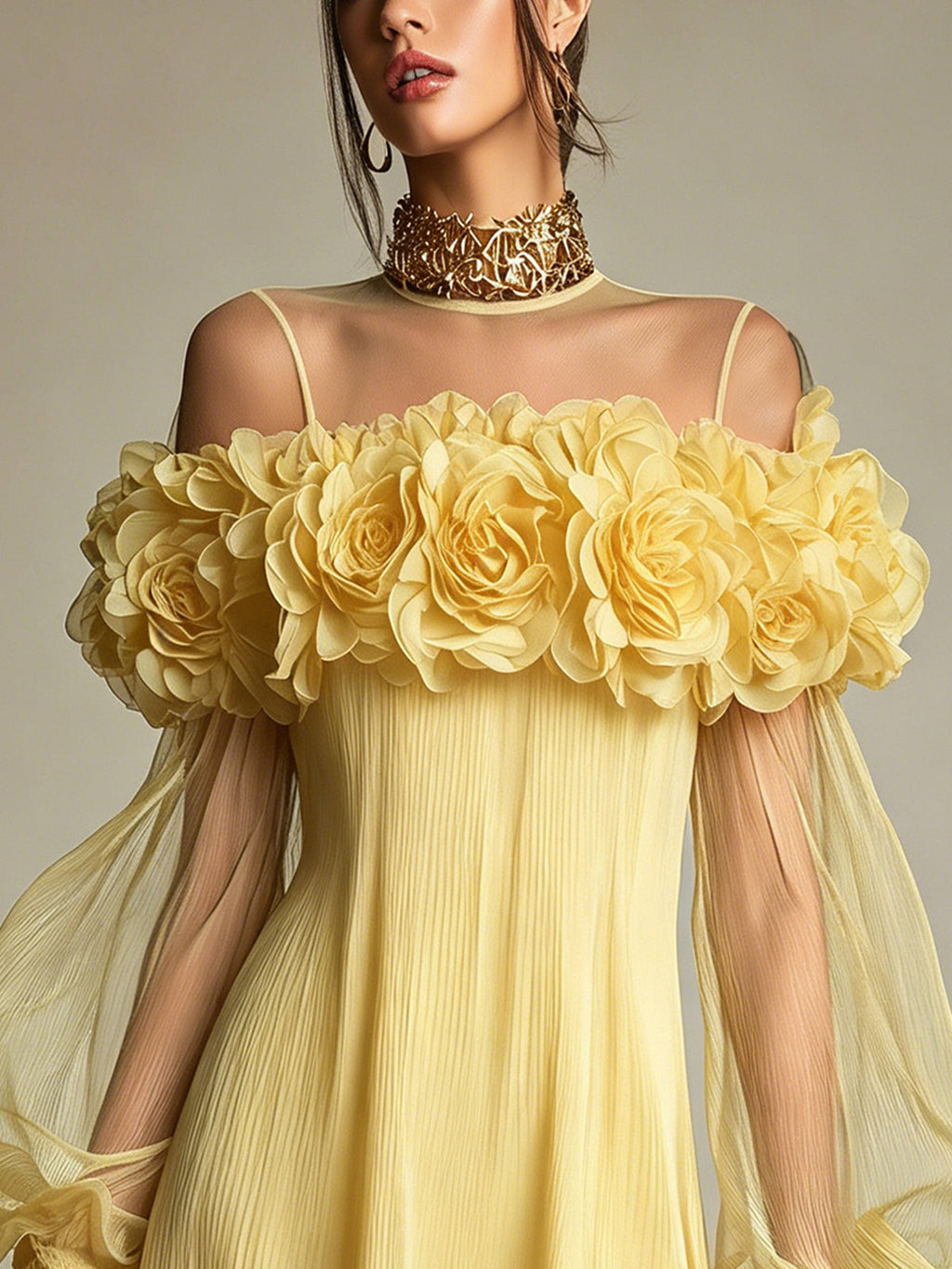 Lucía - Vestido Mini de Gasa Plisada Amarillo con Flores 3D Decorativas