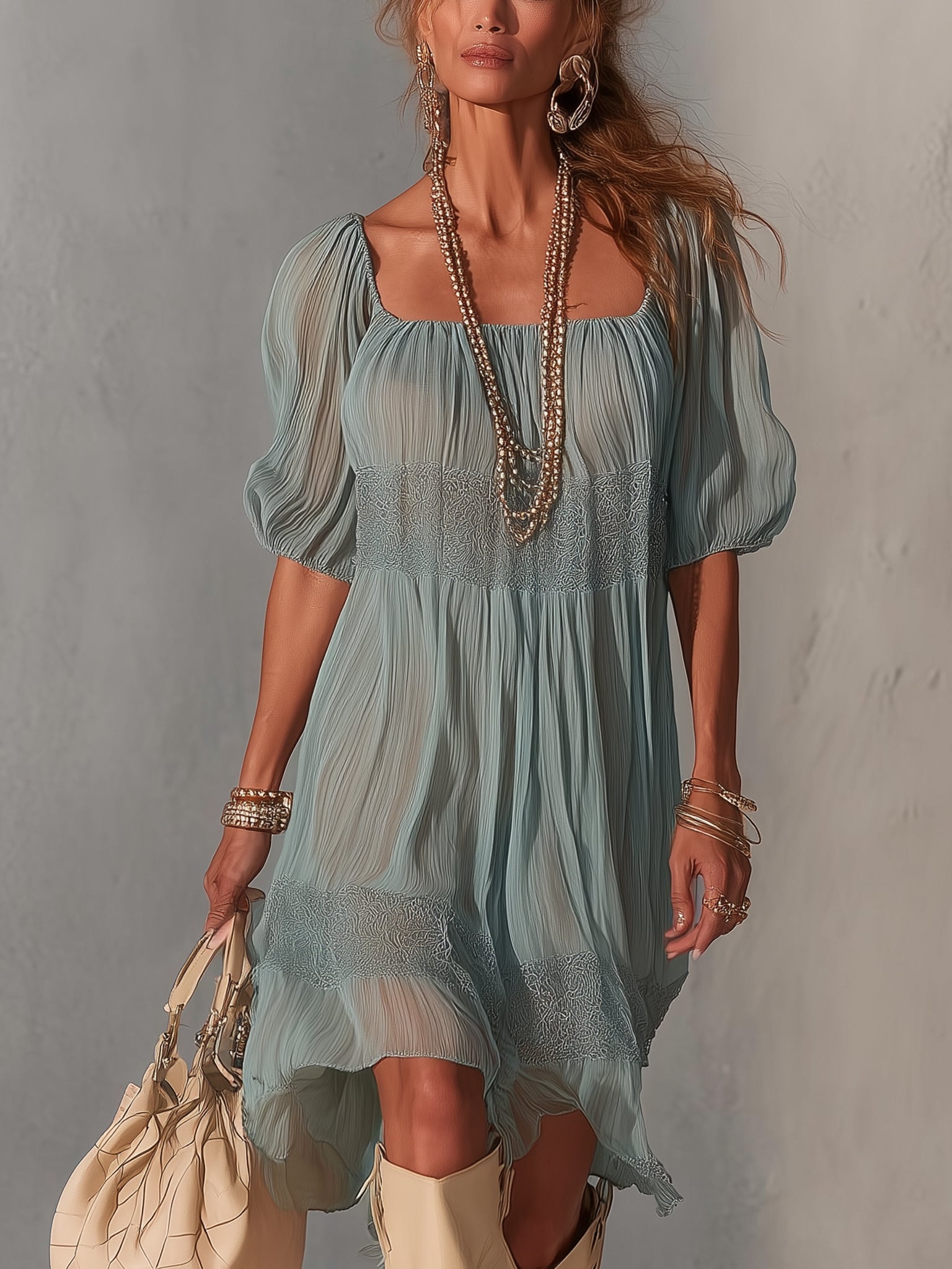 Elena - Vestido Midi Azul Plisado con Detalles de Encaje Decorativo