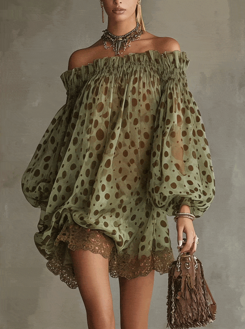 Daniela - Vestido Mini Verde Oliva de Lunares con Hombros Descubiertos