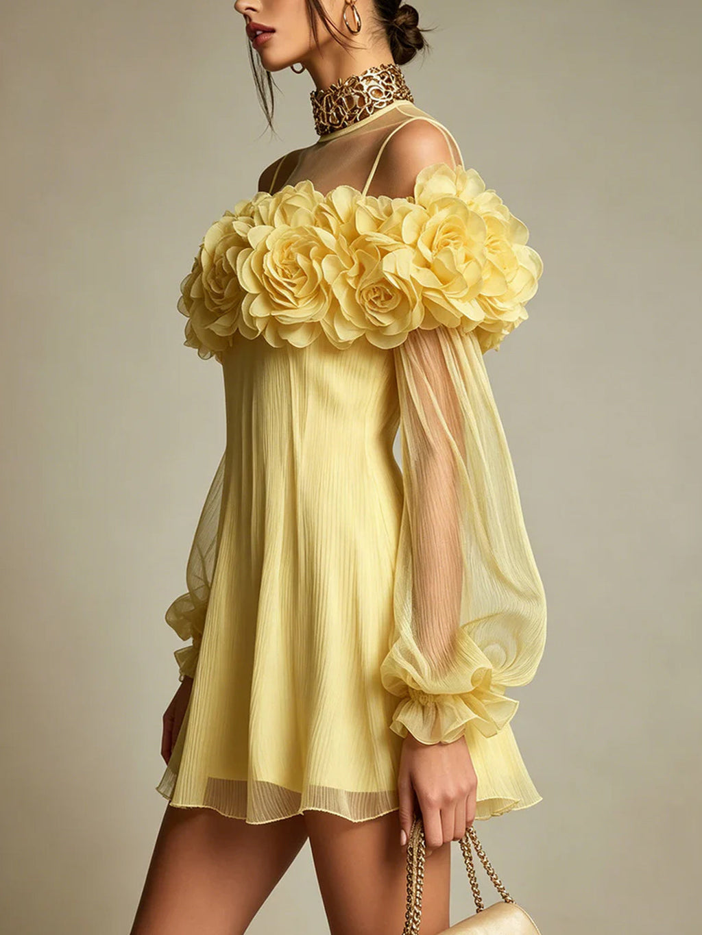 Lucía - Vestido Mini de Gasa Plisada Amarillo con Flores 3D Decorativas