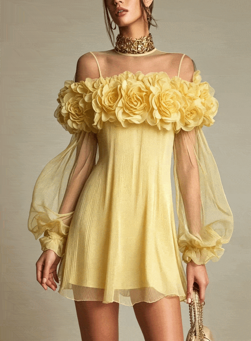 Lucía - Vestido Mini de Gasa Plisada Amarillo con Flores 3D Decorativas