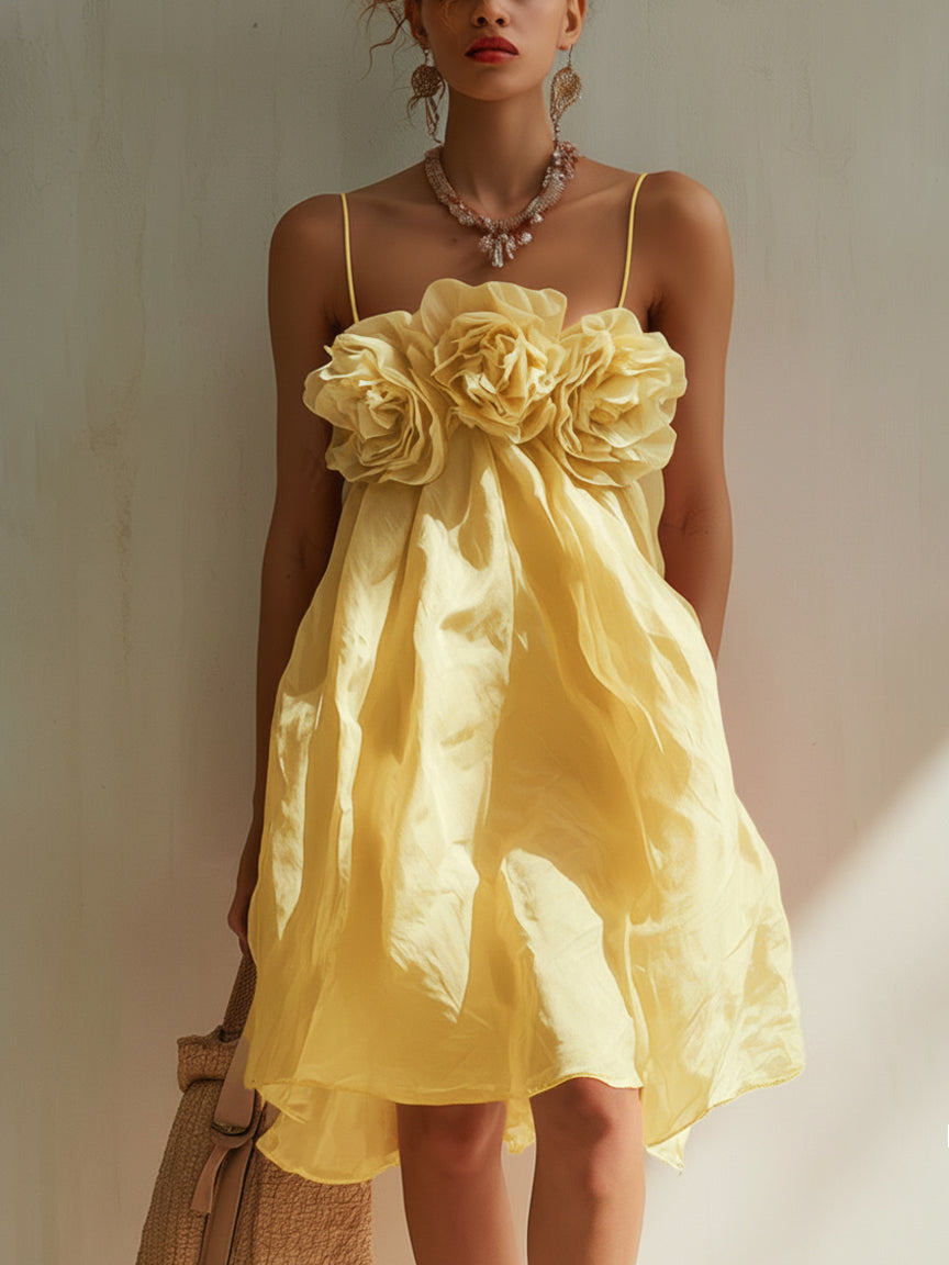 Sofía - Vestido Mini Rosa Empolvado de Algodón con Flores 3D Decorativas