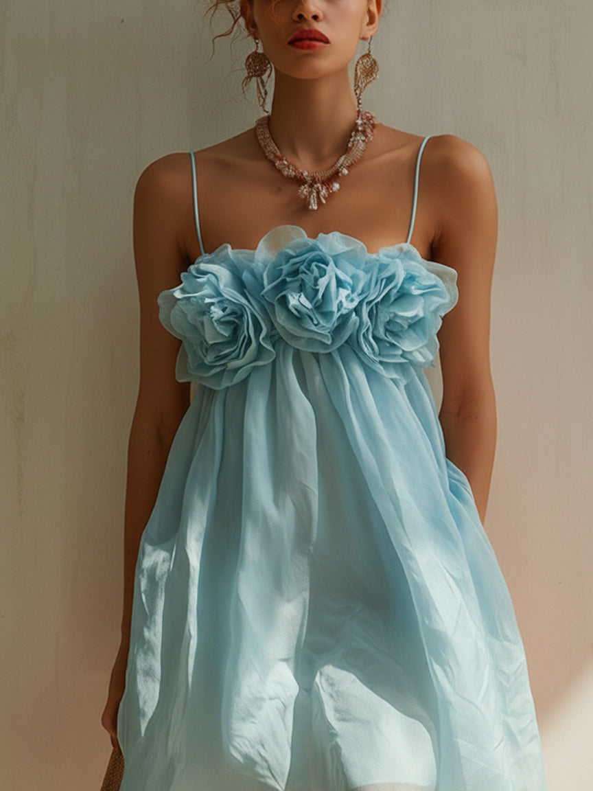 Sofía - Vestido Mini Rosa Empolvado de Algodón con Flores 3D Decorativas