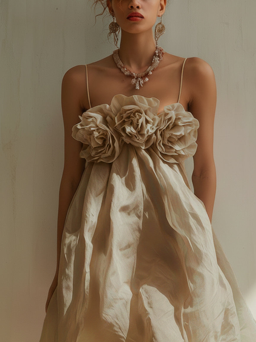 Sofía - Vestido Mini Rosa Empolvado de Algodón con Flores 3D Decorativas