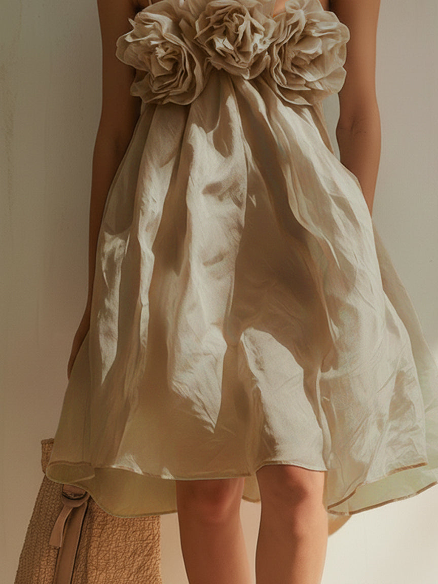 Sofía - Vestido Mini Rosa Empolvado de Algodón con Flores 3D Decorativas