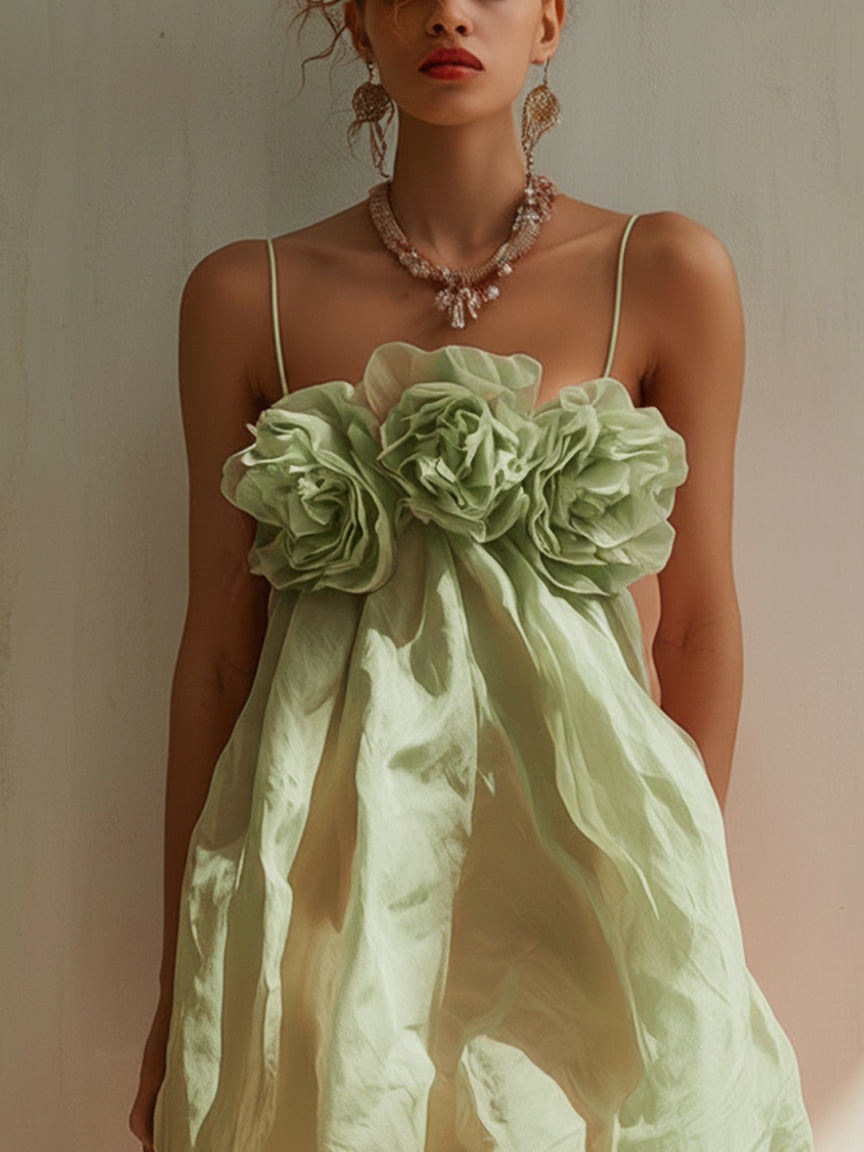 Sofía - Vestido Mini Rosa Empolvado de Algodón con Flores 3D Decorativas