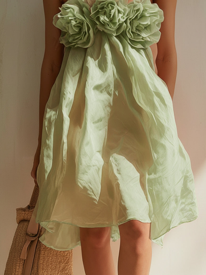 Sofía - Vestido Mini Rosa Empolvado de Algodón con Flores 3D Decorativas