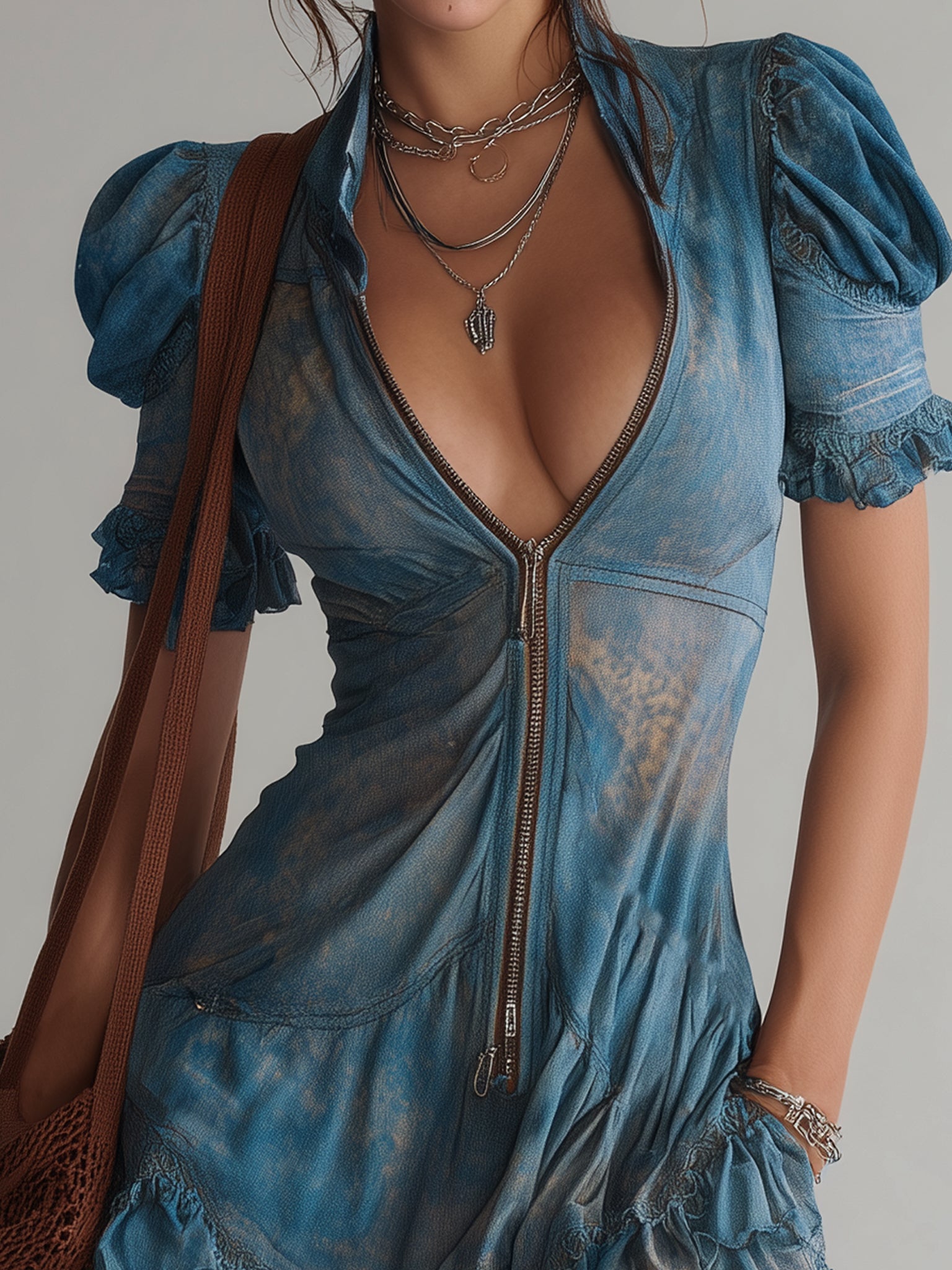 Aitana - Vestido Mini Azul de Gasa con Estampado Floral y Cierre de Cremallera