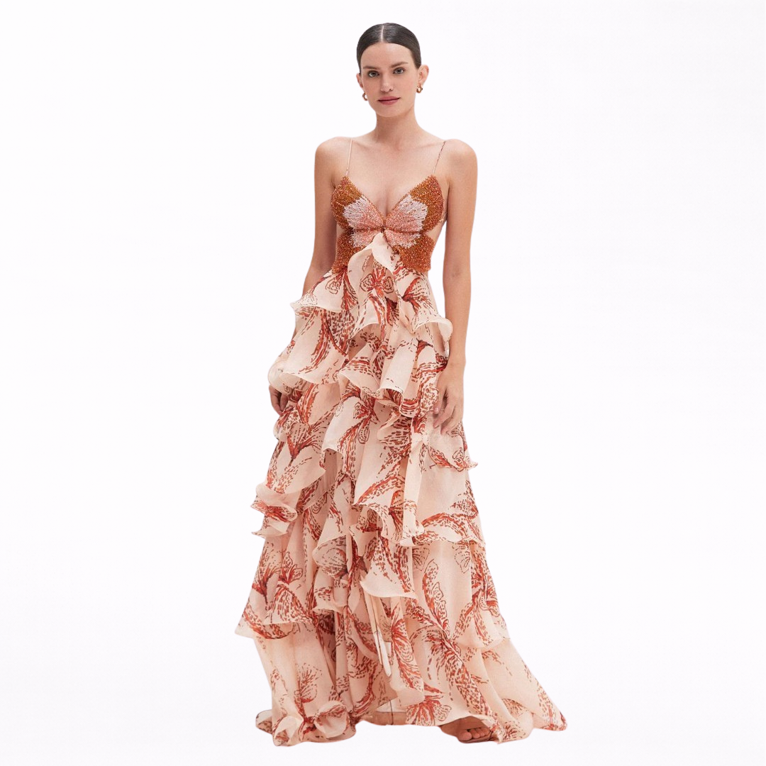 Elena | Vestido Largo de Volantes Con Escote Estructurado