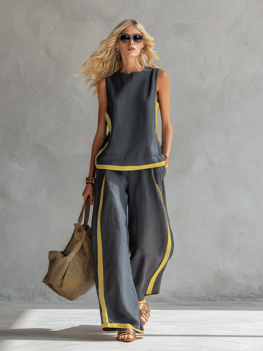 Leila | Conjunto de Chaleco y Pantalón de Algodón y Lino en Dos Tonos de Gris