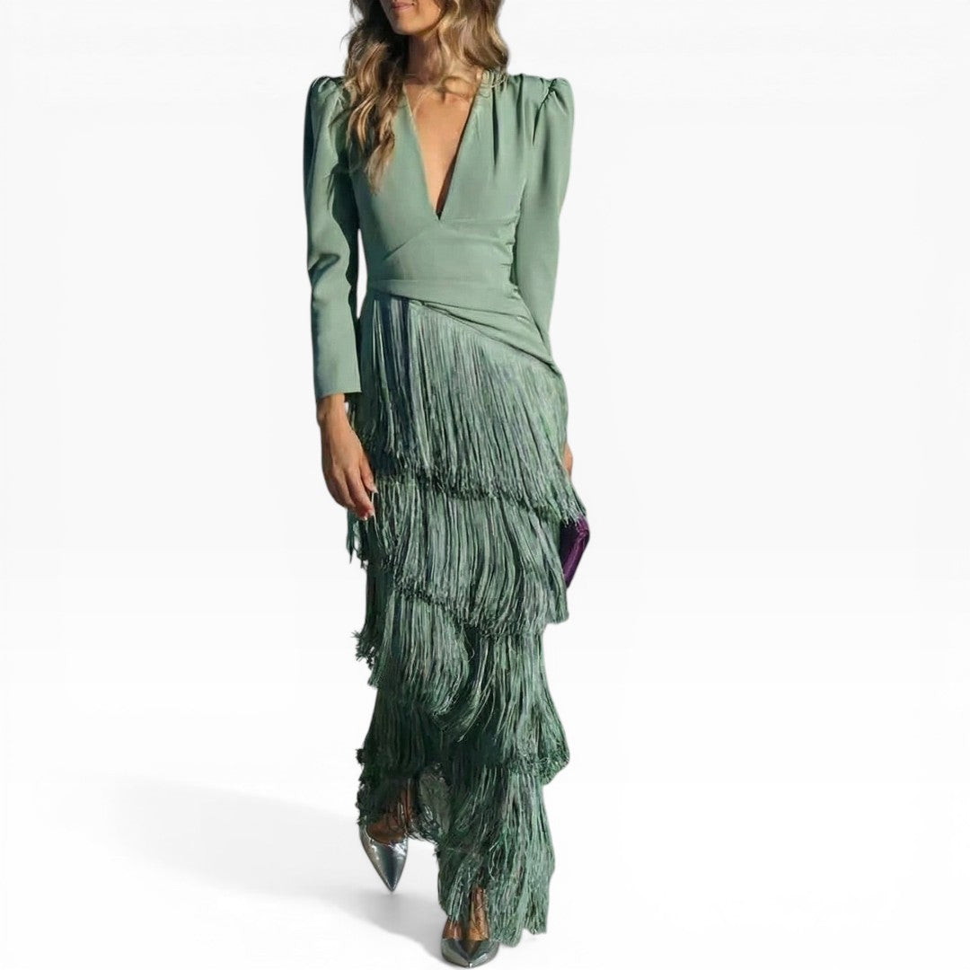 Clara | Elegante Vestido Midi Con Mangas y Flecos