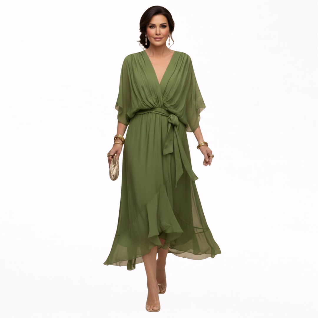 Olivia | Vestido Largo Fluido Con Cinturón y Mangas Vaporosas