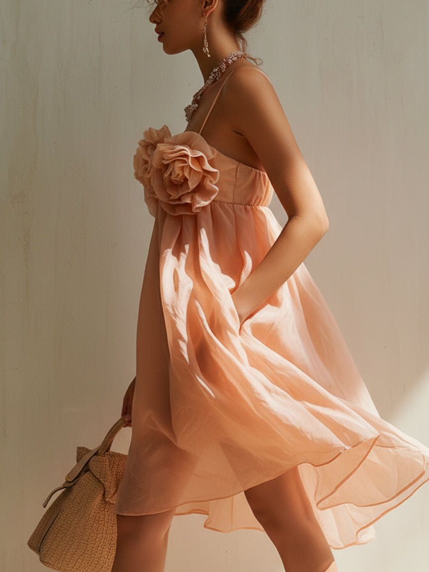 Sofía - Vestido Mini Rosa Empolvado de Algodón con Flores 3D Decorativas