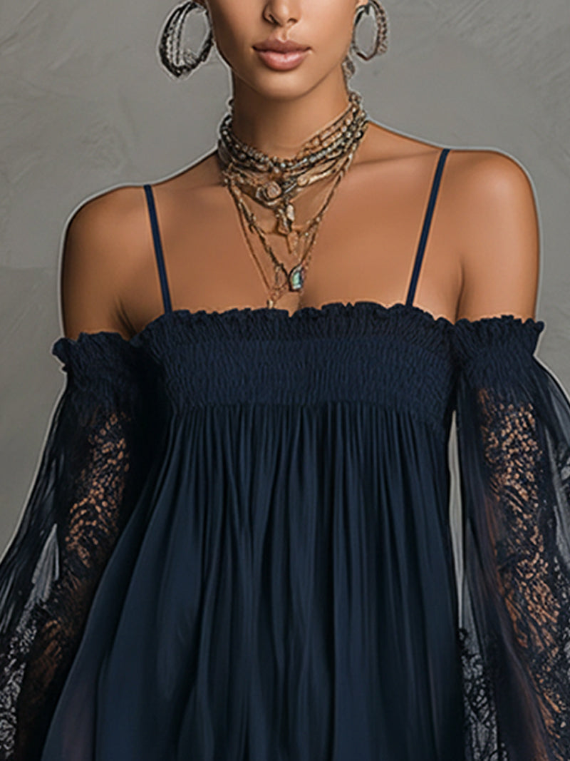 Sofía - Vestido Mini Azul Marino de Gasa con Hombros Descubiertos