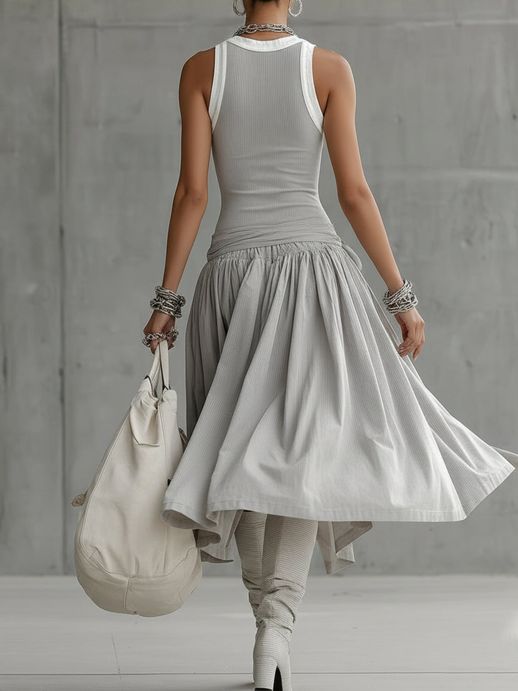 Ariana - Vestido Midi Gris con Cuerpo de Tirantes Acanalado y Falda Drapeada