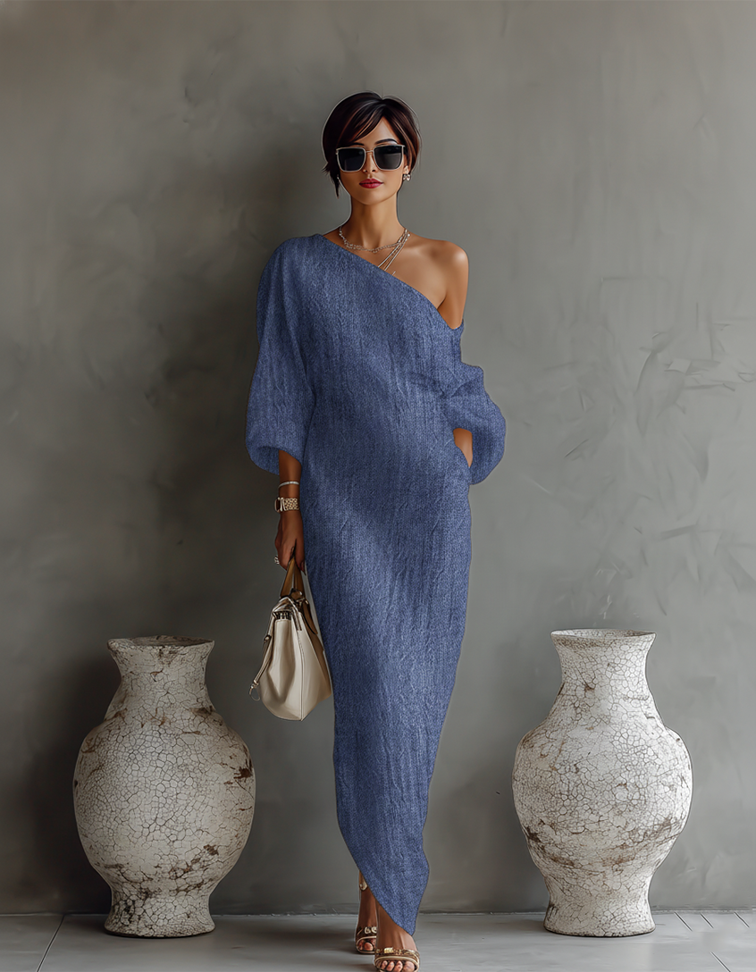 Elena | Vestido Elegante y Fluido en Blanco Marfil con Escote de Hombros Descubiertos
