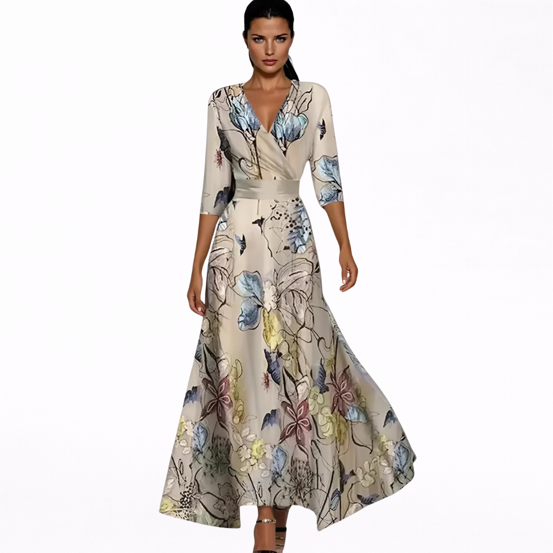 Bianca | Vestido Largo Cruzado Con Estampado Floral Azul