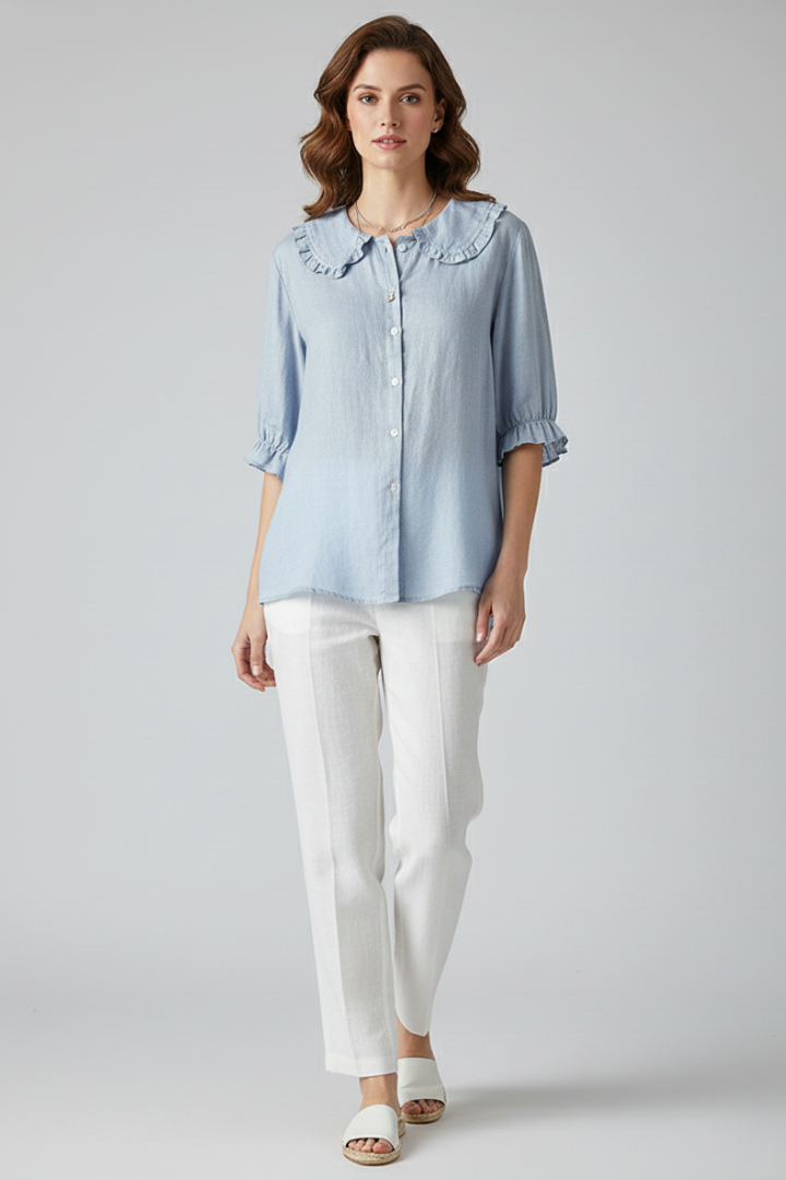 Anna - Camisa de mujer con cuello con volantes y botones.