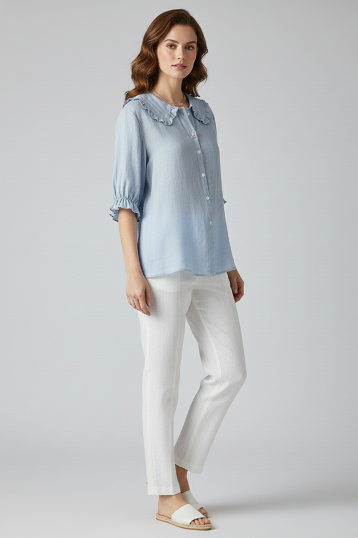 Anna - Camisa de mujer con cuello con volantes y botones.