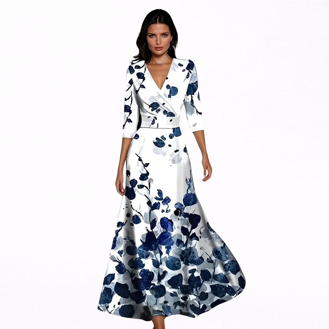 Bianca | Vestido Largo Cruzado Con Estampado Floral Azul