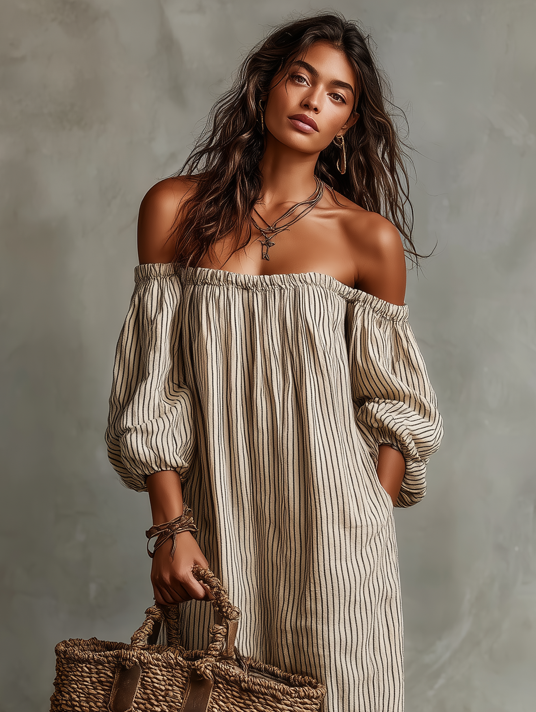 Laluna | Vestido Maxi de Vacaciones para Mujer con Escote de Hombros Descubiertos y Manga Larga