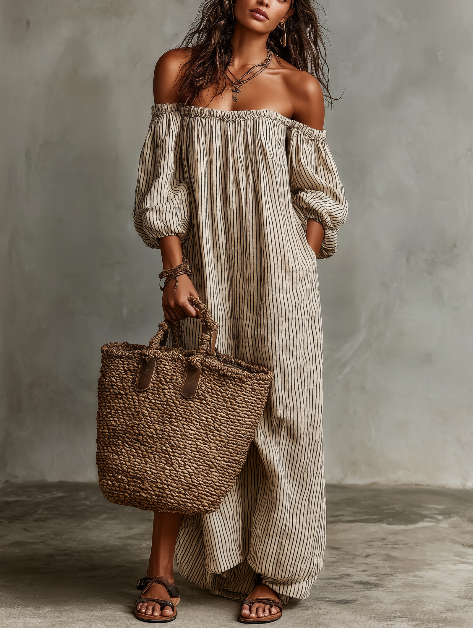 Laluna | Vestido Maxi de Vacaciones para Mujer con Escote de Hombros Descubiertos y Manga Larga
