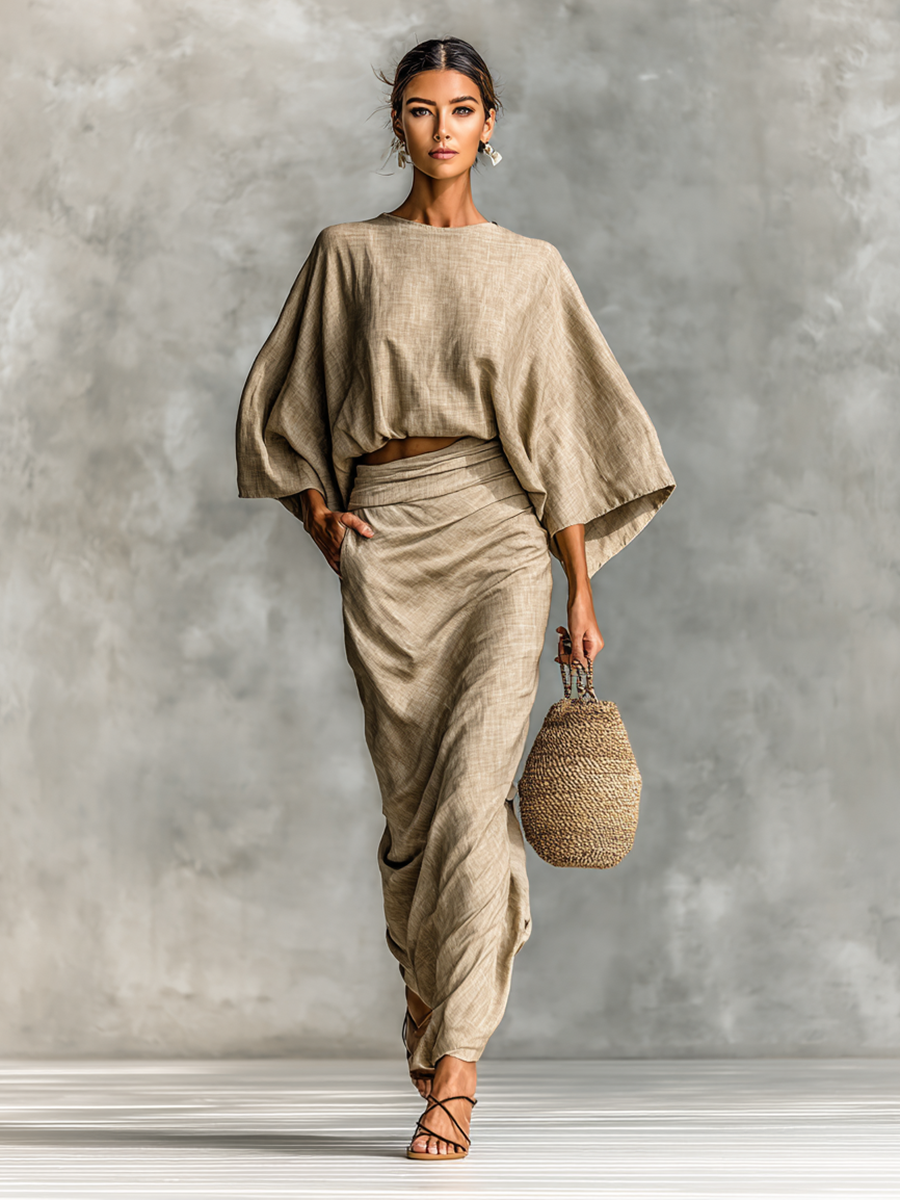 Sara | Conjunto de Dos Piezas con Top Suave de Manga Murciélago y Falda Maxi