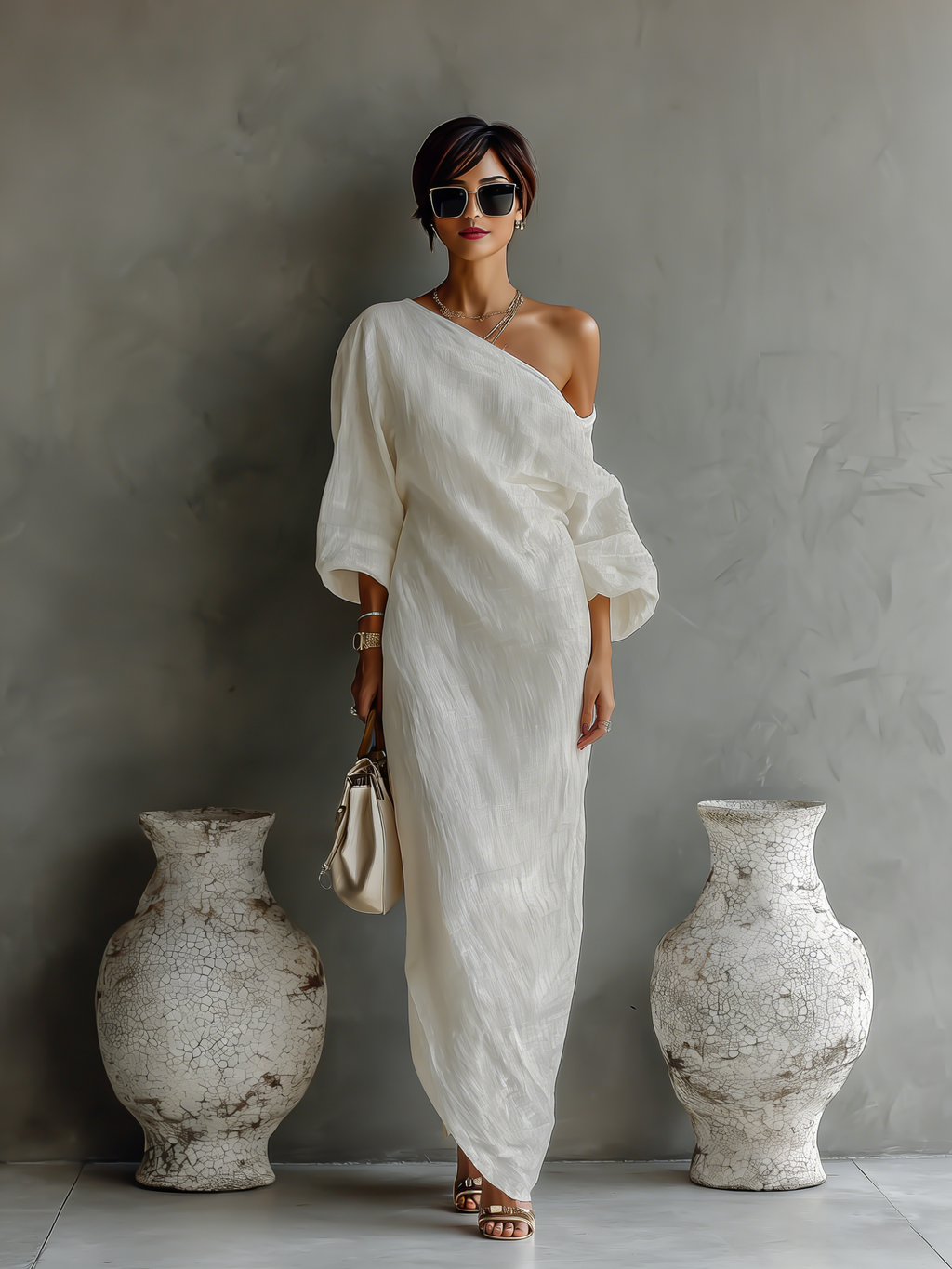 Elena | Vestido Elegante y Fluido en Blanco Marfil con Escote de Hombros Descubiertos